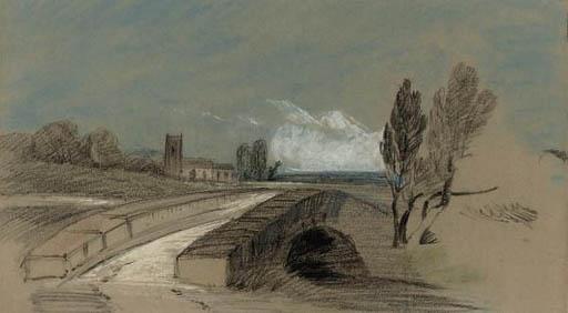 Henry Bright - An Extensive Landscape With A Stone Bridge Before A Church