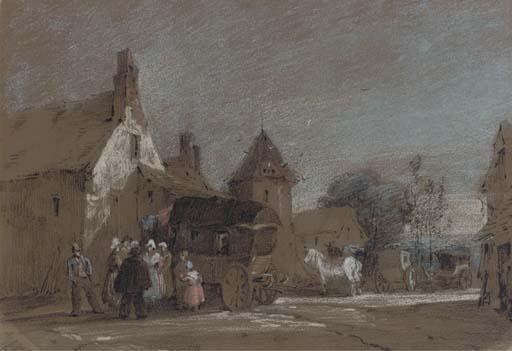 Henry Bright - Figures Disembarking From A Carriage In A French Village