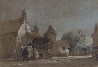 Henry Bright - Figures Disembarking From A Carriage In A French Village