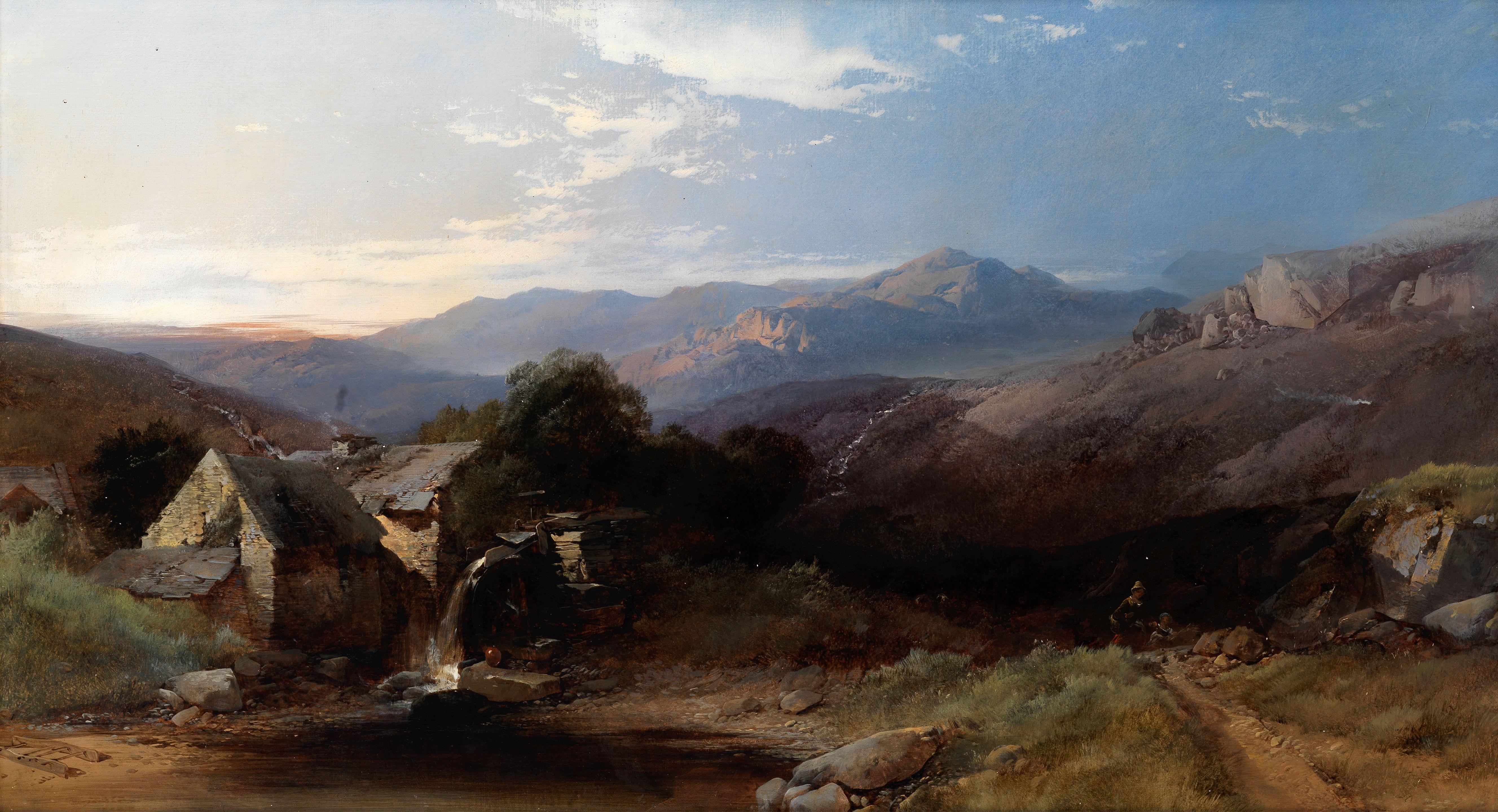 Henry Bright - Watermill on a river in a highland landscape