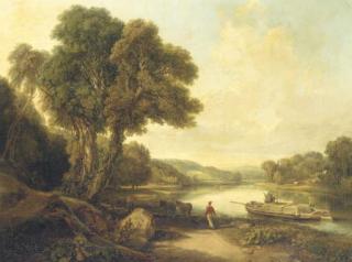 Henry Brittan Willis - Figures Towing The Barge Pennsylvania Upstream In A River Landscape