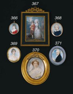 Henry Burch - A Lady, facing right in white dress with pink sash, gold pin at shoulder, gold necklace, a black ribbon and pearls in her hair, gilt frame, oval