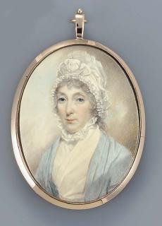 Henry Burch - Mrs A. Dirom, facing left in white dress with light blue jacket, lace-bordered white cap in her powdered hair tied under her chin