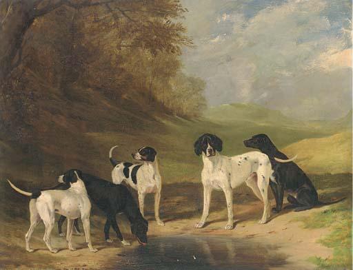 Henry Calvert - Pointers By A Pool In A Wooded Landscape