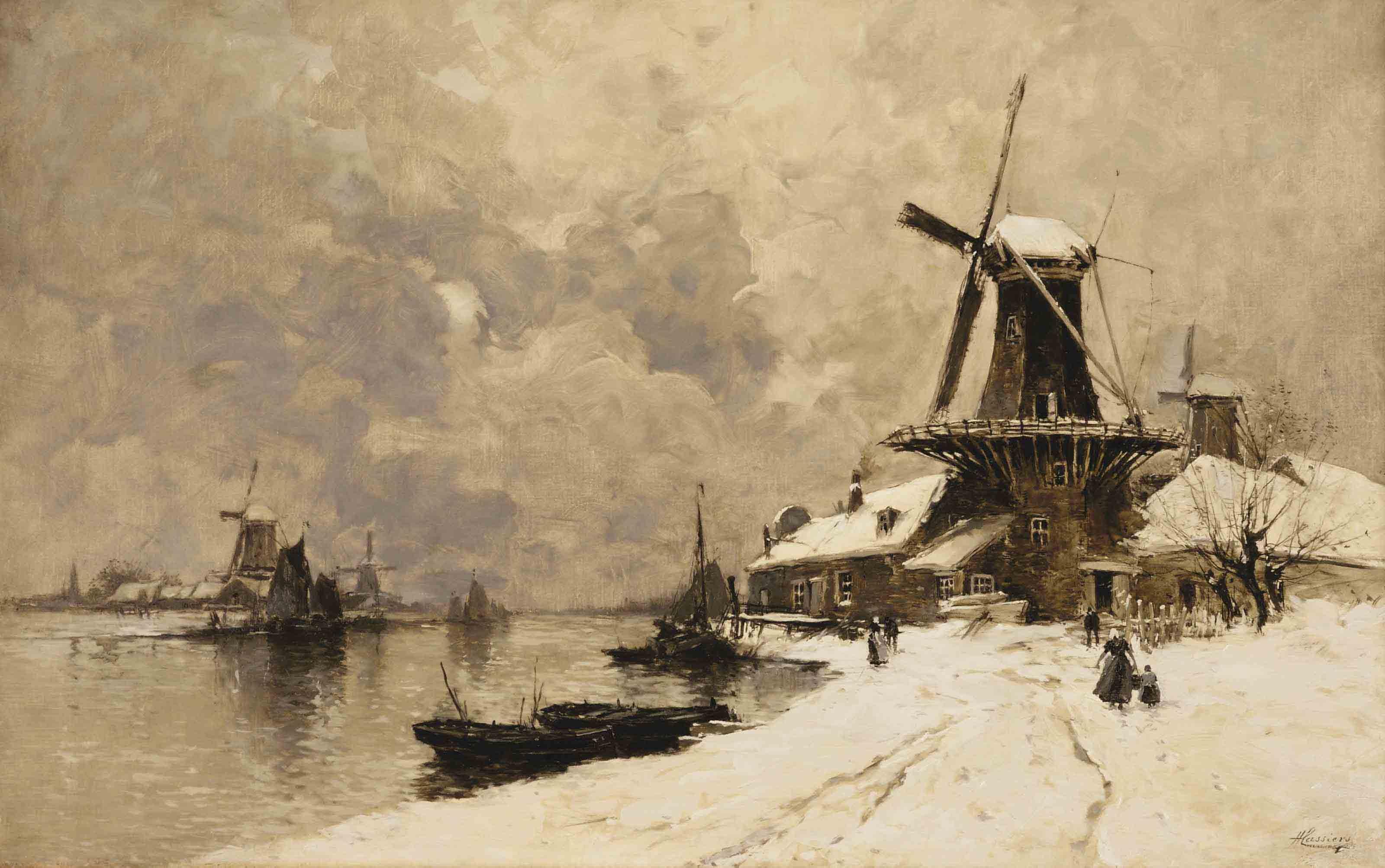 Henry Cassiers - Windmills along a canal in winter