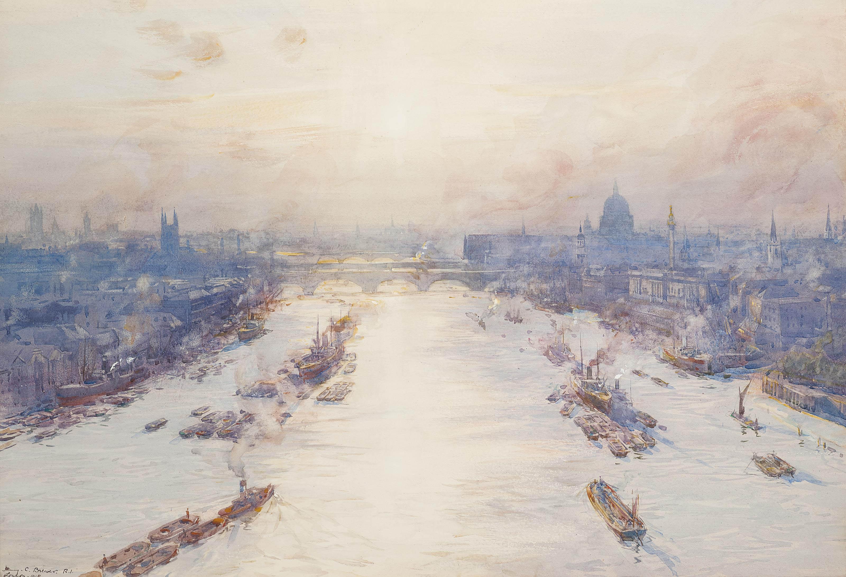 Henry Charles Brewer, R.I. - A view of the Thames taken from the top of Tower Bridge