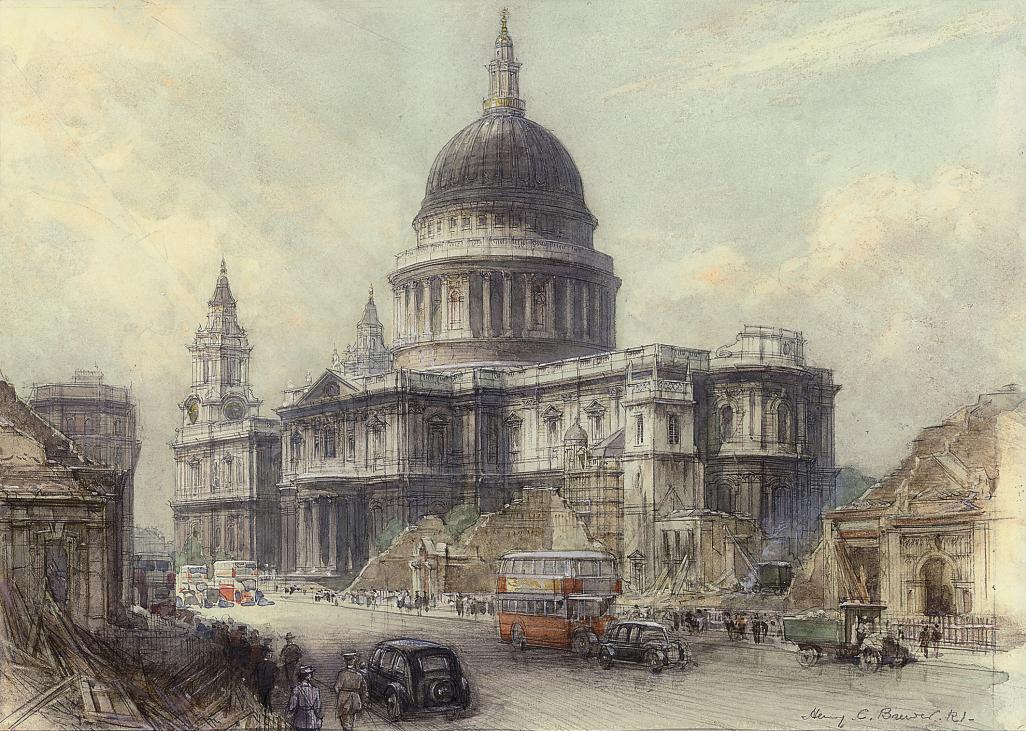 Henry Charles Brewer, R.I. - St Paul\'s Cathedral observed from between Bread St and Victoria St during the Second World War
