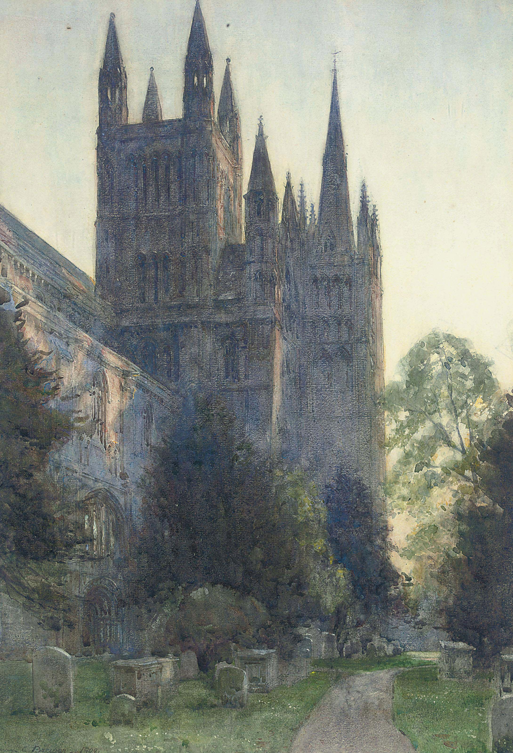 Henry Charles Brewer, R.I. - Westminster Abbey at twilight
