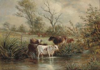 Henry Charles Bryant - Cattle watering; and Cattle grazing on a river bank