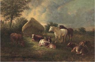 Henry Charles Bryant - Cows And Horses Grazing In A Pasture