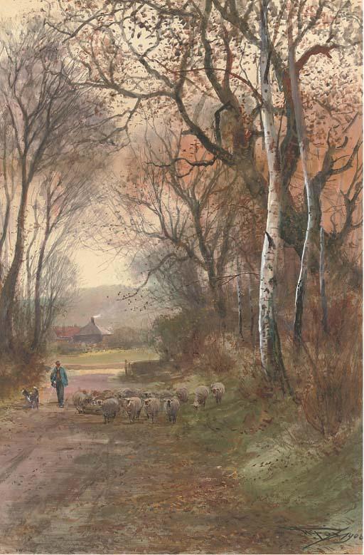 Henry Charles Fox - A shepherd and his flock wandering down a rural lane