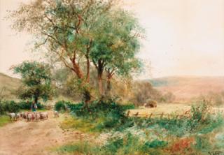 Henry Charles Fox - A shepherd driving sheep down a country lane with the harvesters beyond