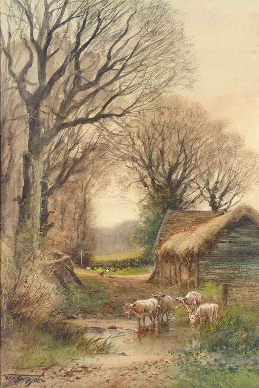 Henry Charles Fox - Cattle watering by a barn