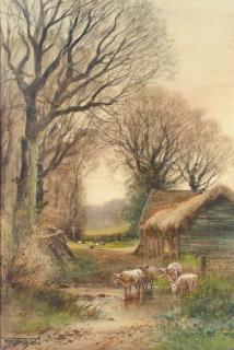 Henry Charles Fox - Cattle watering by a barn