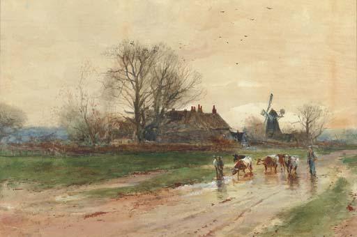 Henry Charles Fox - Droving cattle on a rural path