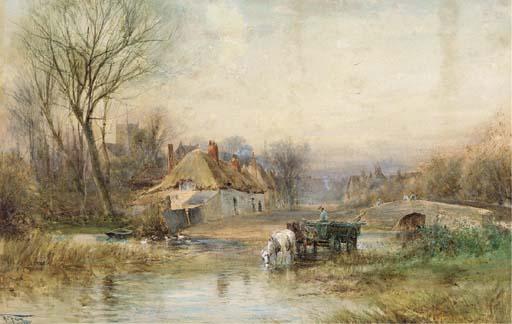 Henry Charles Fox - Horses pulling cart watering in a river by a rural village