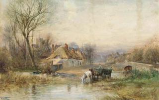 Henry Charles Fox - Horses pulling cart watering in a river by a rural village
