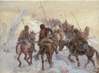Henry Charles Seppings Wright - The Russian Front, a Cossack convoy under fire