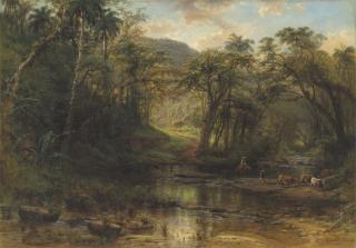 Henry Cleenewerck - A Cuban Landscape With Drovers And Cattle Fording A Stream