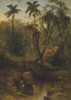 Henry Cleenewerck - The Cuban Rainforest With A Stag And Hind Running Down A Hillside