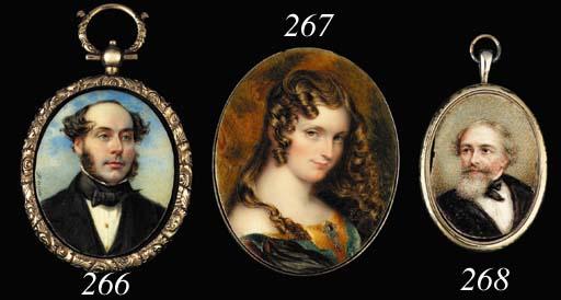 Henry Collen - Lady Elizabeth Vernon Harcourt, facing right in yellow and blue dress, black stole, ruby-set pendant at corsage, her curling long brown hair falling over her shoulders