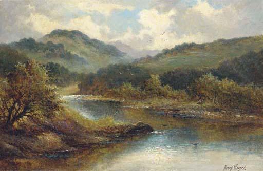 Henry Cooper - A serene river landscape, with hills beyond