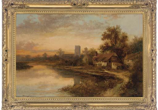 Henry Cooper - Cottages beside a river at sunset