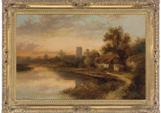 Henry Cooper - Cottages beside a river at sunset