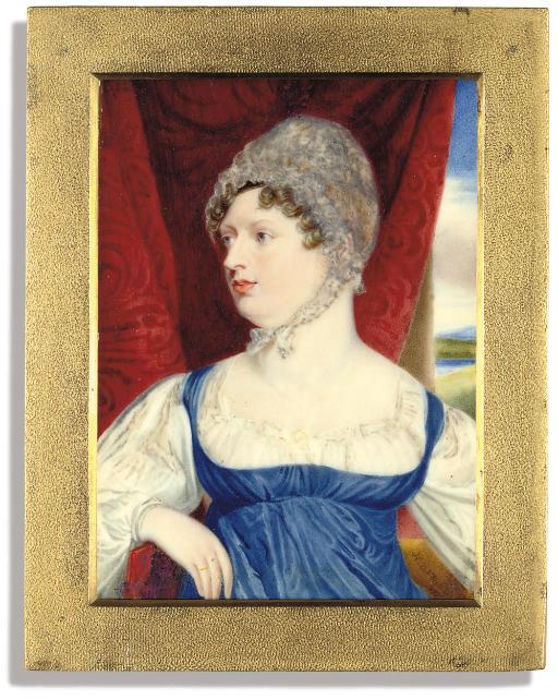 Henry D. Thielke - Princess Charlotte of Wales (1796-1817), in blue dress and white underslip, lace bonnet tied under her chin, seated in a chair; window and crimson velvet drapery background