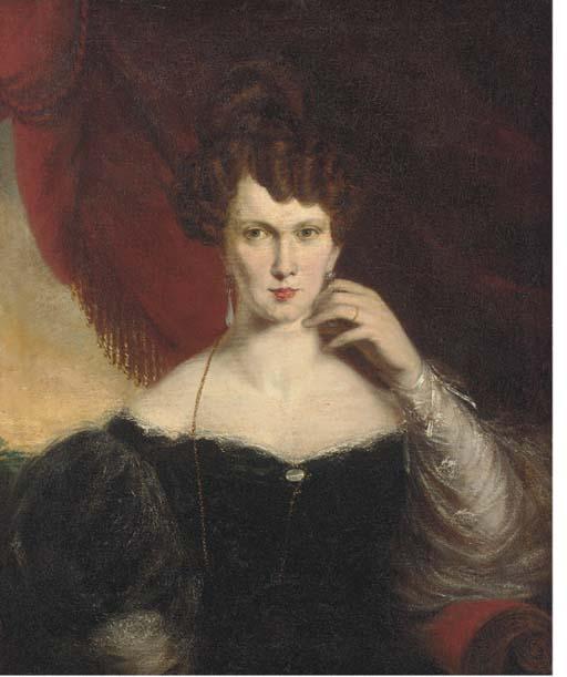 Henry Daniel Thielke - Portrait of a lady, seated half-length, in a black dress with lace trim, a red curtain and landscape beyond