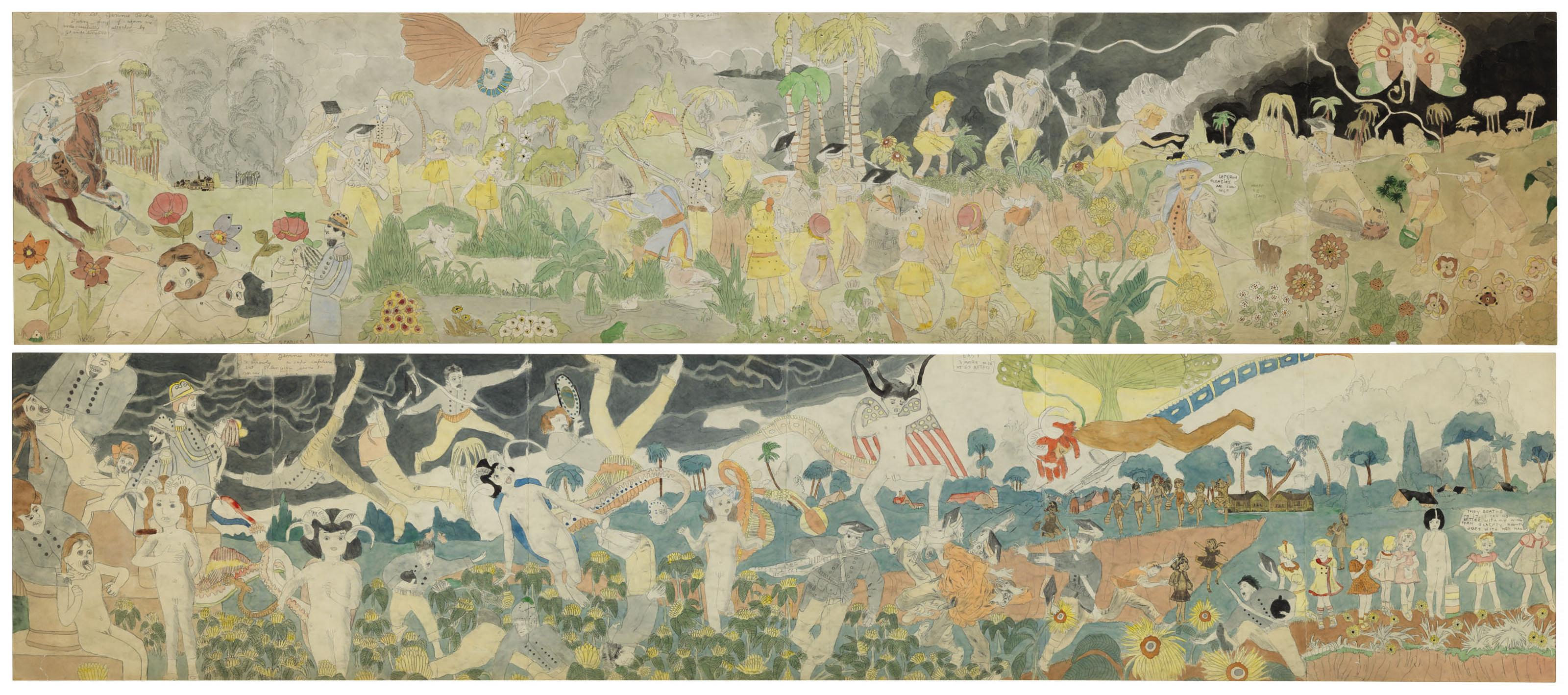 Henry Darger - 148 At Jennie Richee During fury of storm are unsuccessfully attached [sic] by Glandelinians / 149 At Jennie Richee narrowly escape capture but Blengins come to rescue, double sided