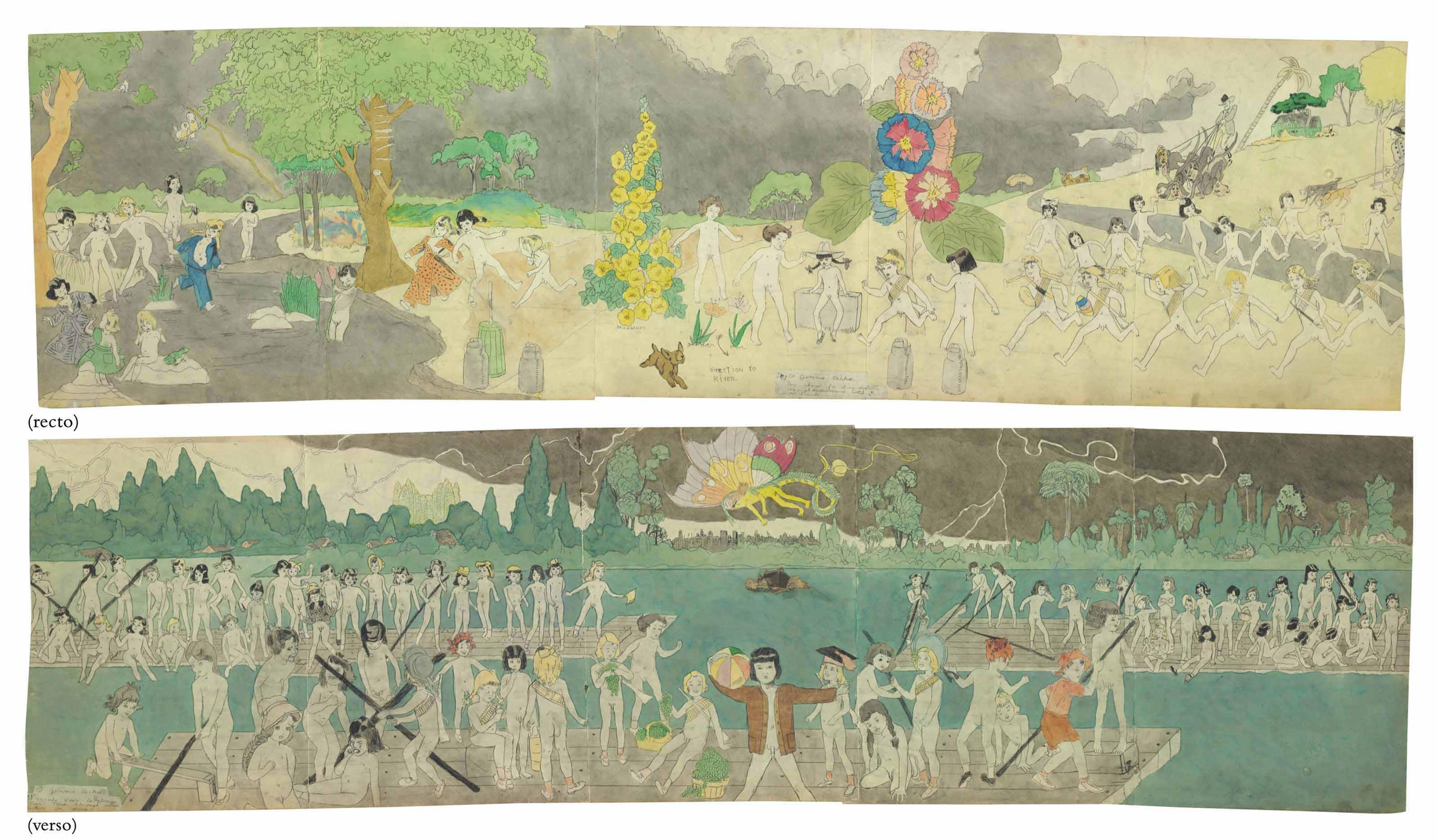 Henry Darger - 93 At Jennie Richee, are chaced for long distance by Glandelinians with blood hounds. / 95 At Jennie Richee, Escape down Aronburgs Run River through circle section in storm., double sided