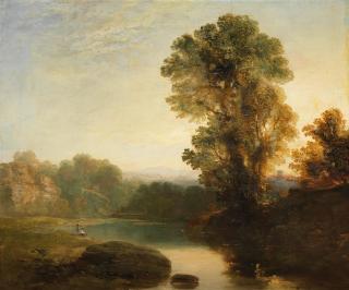 Henry Dawson - Arcadian landscape with figures resting beside a river