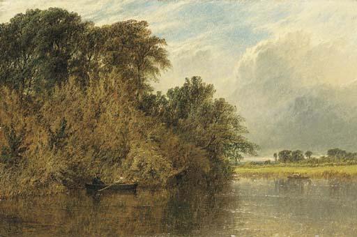 Henry Dawson - The River Trent, with men rowing in boats