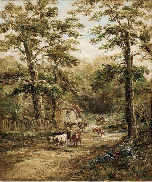 Henry Earp - Cattle by a cottage in a wood