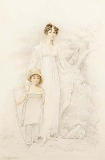 Henry Edridge, A.R.A. - Portrait of a mother and child, full-length, in a rustic landscape