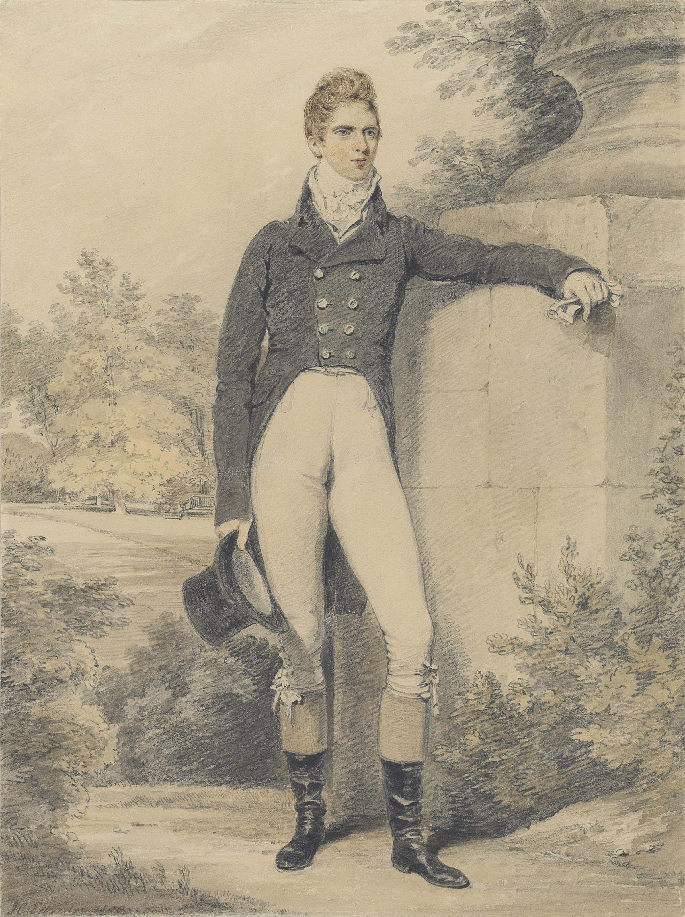 Henry Edridge, A.R.A. - Portrait of a young gentleman, full-length, holding a top hat, his left arm resting on a pedestal