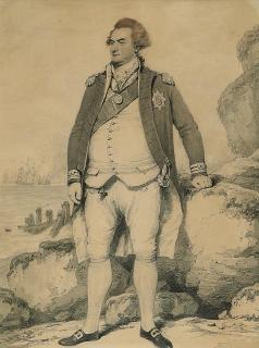 Henry Edridge, A.R.A. - Portrait of Adam Duncan, 1st Viscount Duncan (1731-1804), full-length, in naval uniform, a sea battle beyond