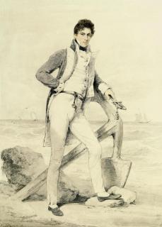 Henry Edridge, A.R.A. - Portrait of Captain Hoste of H.M.S. Amphion, small full-length, his sword in his left hand, standing on the foreshore by an anchor