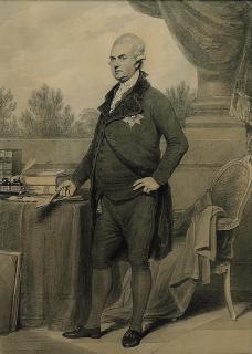 Henry Edridge, A.R.A. - Portrait of George Macartney, 1st Earl of Macartney, K.B. (1737-1806), full-length, wearing the Garter Star, a letter in high right hand