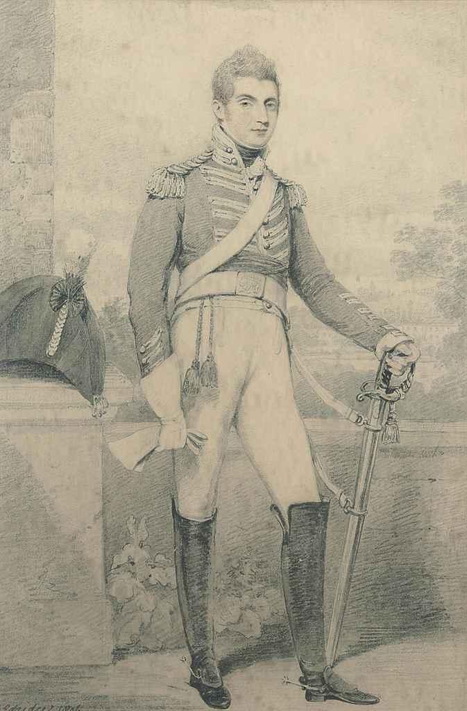 Henry Edridge, A.R.A. - Portrait of Sir Southerton Branthwayt Peckham Mickelthwaite, Bt., small full-length, standing by a pillar, in the uniform of the 3rd Dragoon Guards, his country house beyond