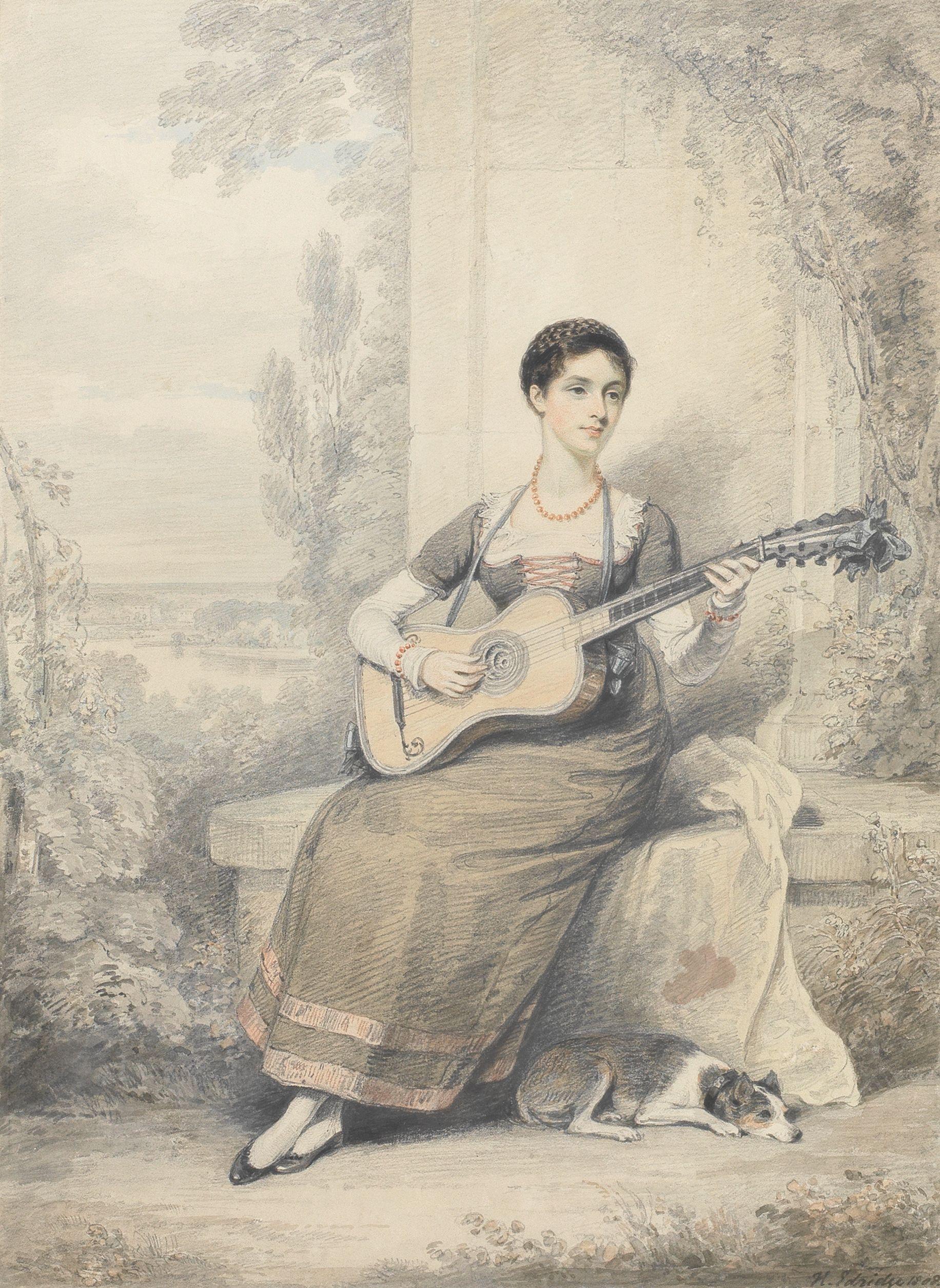 Henry Edridge - Portrait said to be of Mrs J. Williams seated on a stone bench in a landscape playing a guitar