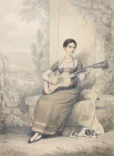 Henry Edridge - Portrait said to be of Mrs J. Williams seated on a stone bench in a landscape playing a guitar