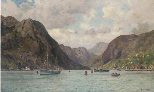 Henry Enfield - Fishing boats lying on their moorings in a Norwegian fjord