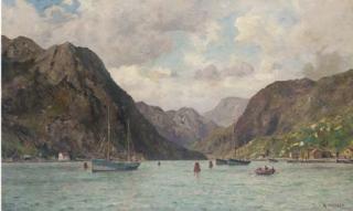 Henry Enfield - Fishing boats lying on their moorings in a Norwegian fjord