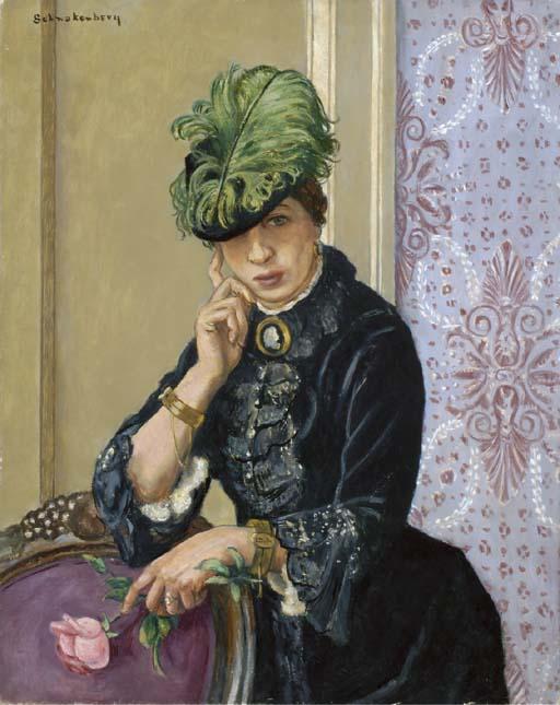 Henry Ernest Schnakenberg - A lady in a black dress and a green plumed hat