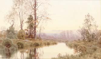 Henry Farrer - Dawn breaking over a river landscape