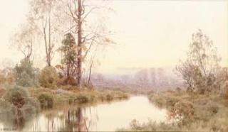 Henry Farrer - Dawn breaking over a river landscape