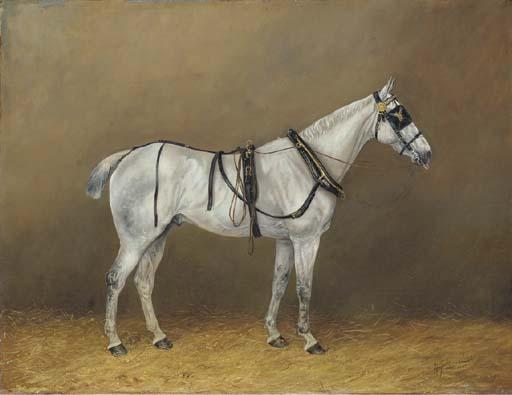 Henry Frederick Lucas-Lucas - Simon, a grey horse in harness in a stable