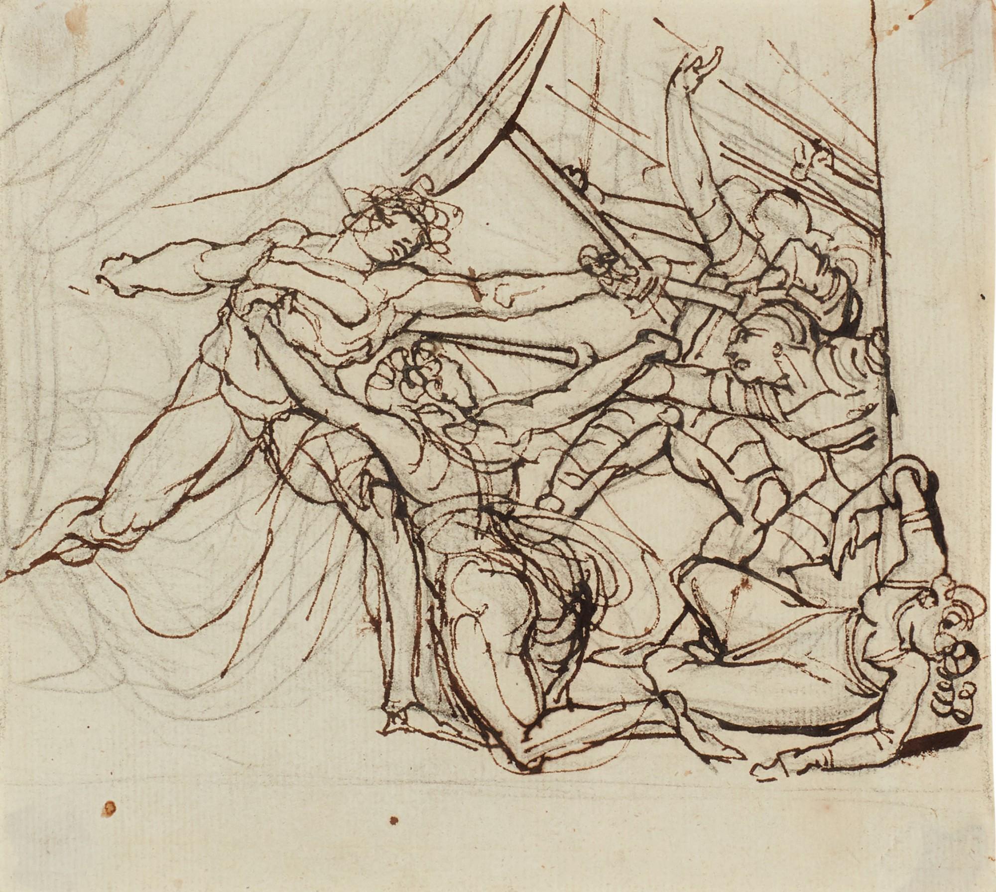 Henry Fuseli, R.A. - A naked warrior repelling soldiers at the entrance to a tent, one woman interceding, another collapsing, manacled to a post